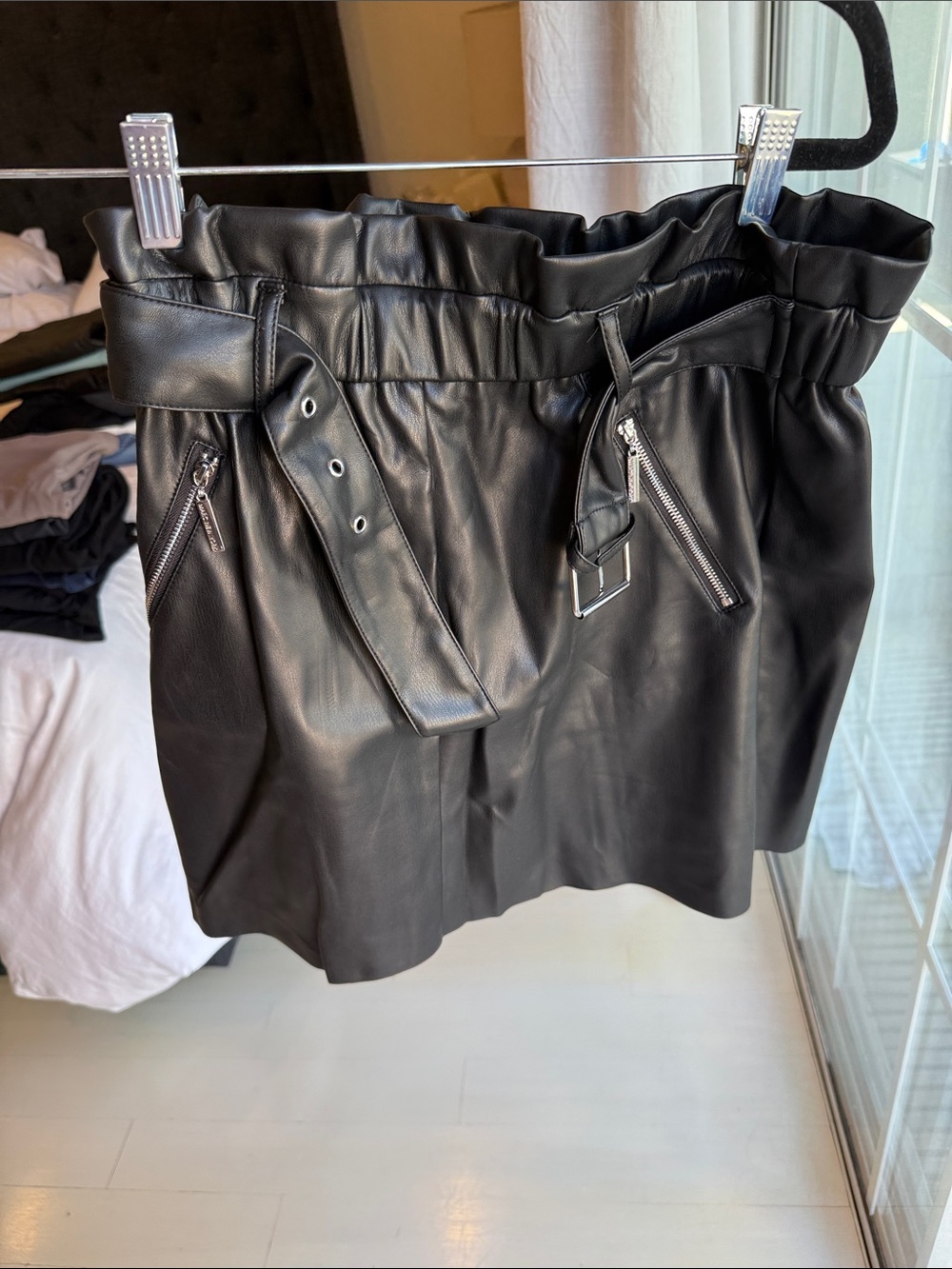 Marc New York Black Faux Leather Paperbag Mini Skirt with Belt